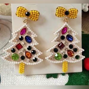 Beaded and Jewelled White and Yellow Festive Christmas Tree Earrings